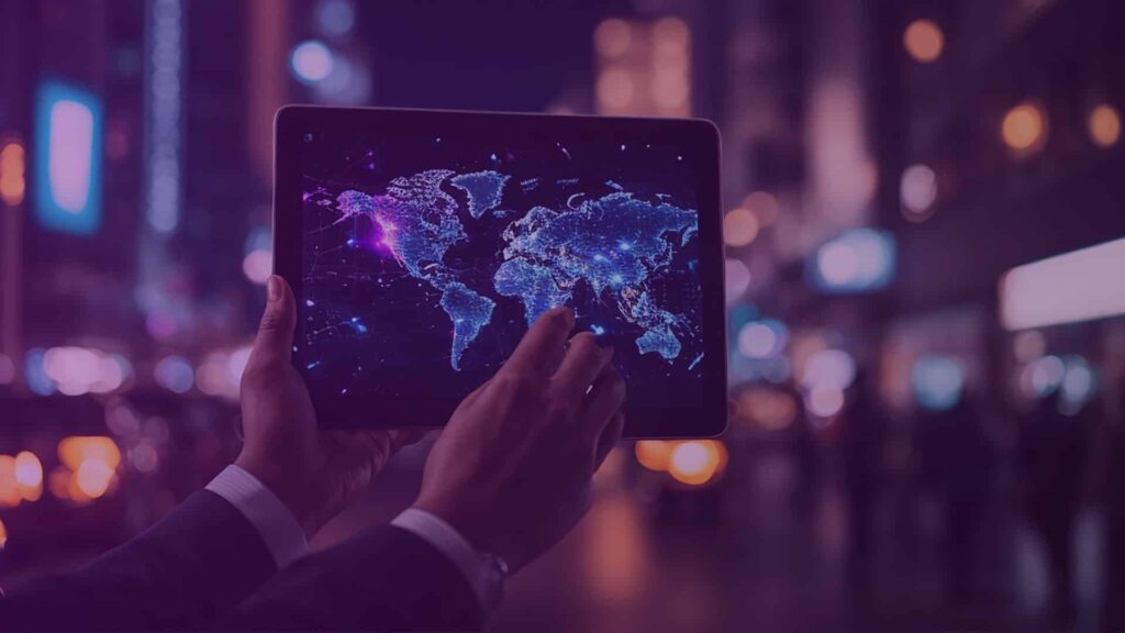 close up businessman hands holding tablet with abstract glowing connections globe night city background