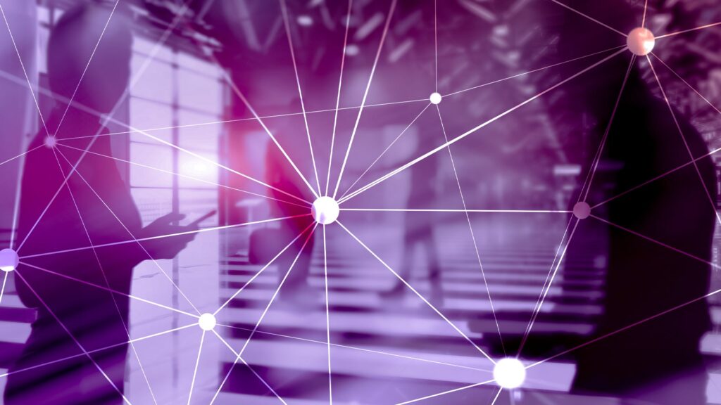 blockchain network blurred skyscrapers background financial technology communication concept