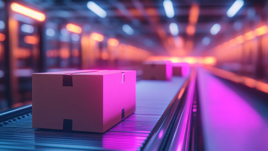 package moving conveyor belt warehouse with neon lights