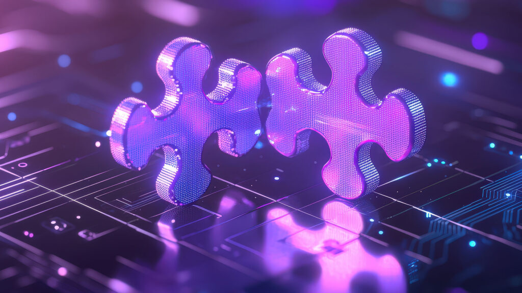 api integration concept interlocking puzzle pieces futuristic circuit board